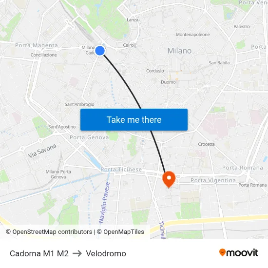Cadorna M1 M2 to Velodrome map