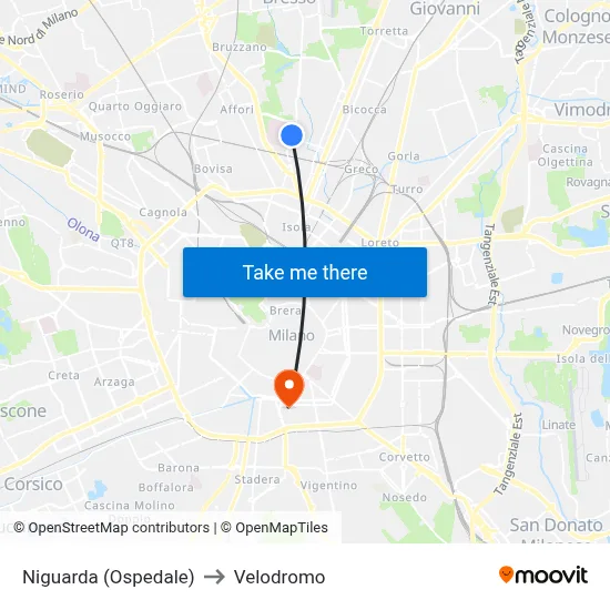 Niguarda (Hospital) to Velodrome map