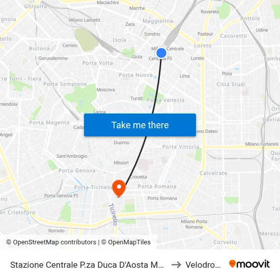 Central Station P.za Duca D'Aosta M2 M3 to Velodrome map