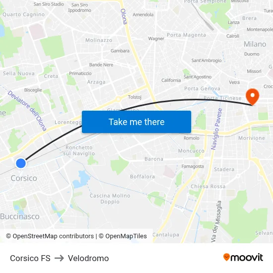 Corsico Station to Velodrome map