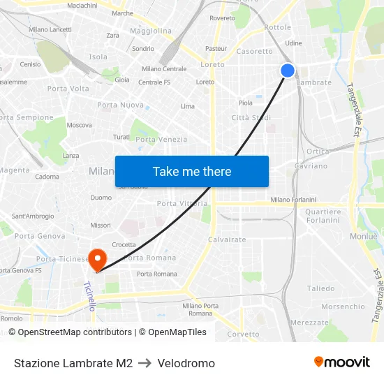 Lambrate Station M2 to Velodrome map