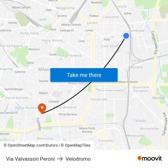 Valvassori Peroni Street to Velodrome map