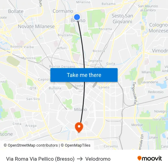 Via Roma Via Pellico (Bresso) to Velodrome map