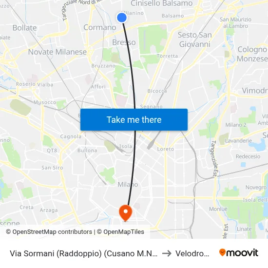 Sormani Street (Double) (Cusano M.No) to Velodrome map