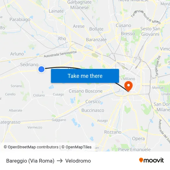 Bareggio (Roma Street) to Velodrome map