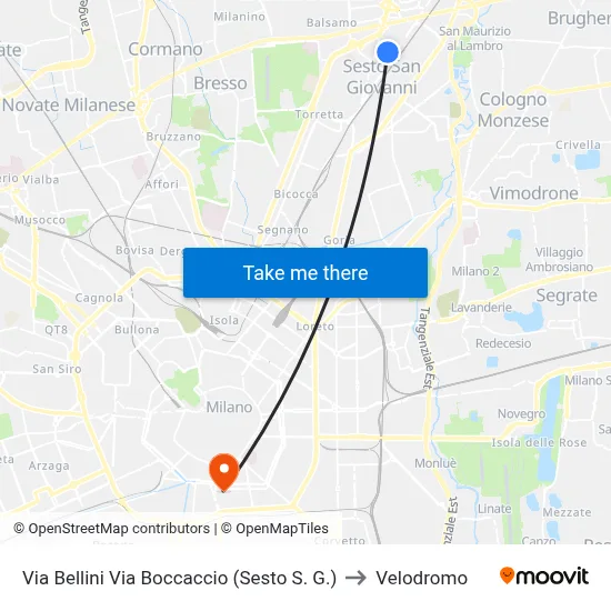 Bellini Street/Boccaccio Street (Sesto S. G.) to Velodrome map