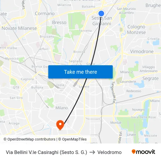 Bellini Street Casiraghi Avenue (Sesto S. G.) to Velodrome map