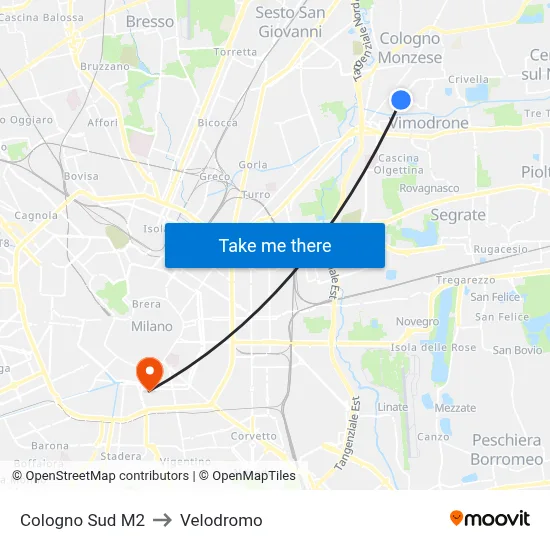Cologno South M2 to Velodrome map