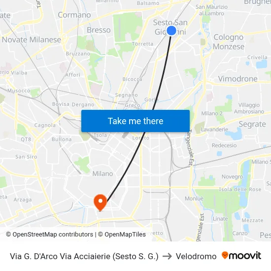 G. D'Arco Street Acciaierie Street (Sesto S. G.) to Velodrome map