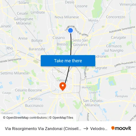 Risorgimento Street Zandonai Street (Cinisello B.) to Velodrome map