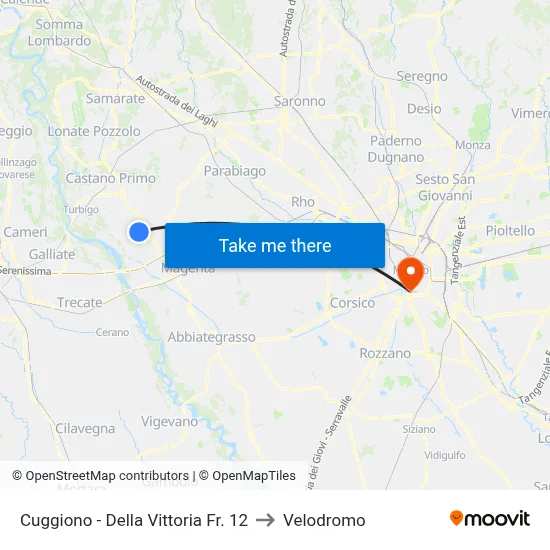 Cuggiono - Della Vittoria No. 12 to Velodrome map