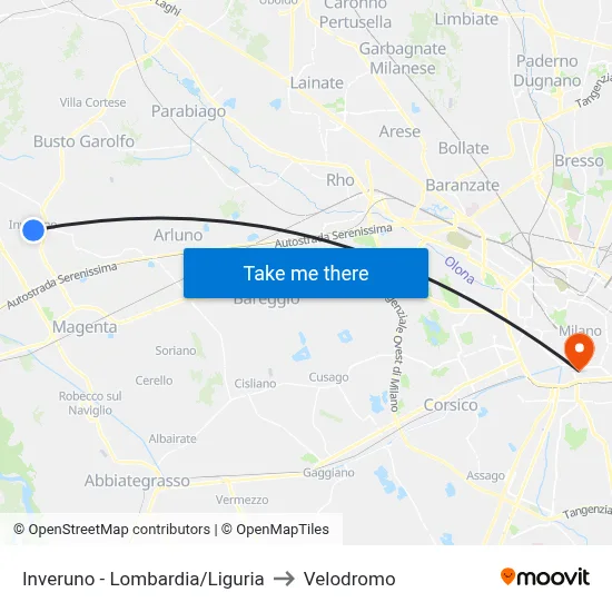 Inveruno - Lombardy/Liguria to Velodrome map