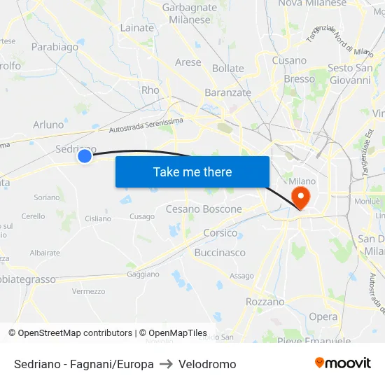 Sedriano - Fagnani/Europa to Velodrome map