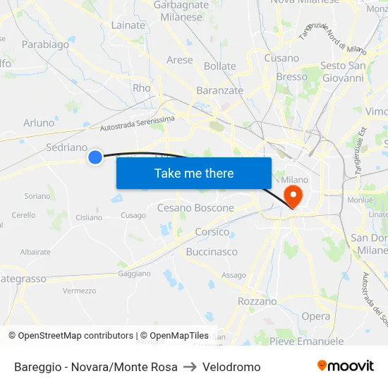Bareggio - Novara/Monte Rosa to Velodrome map