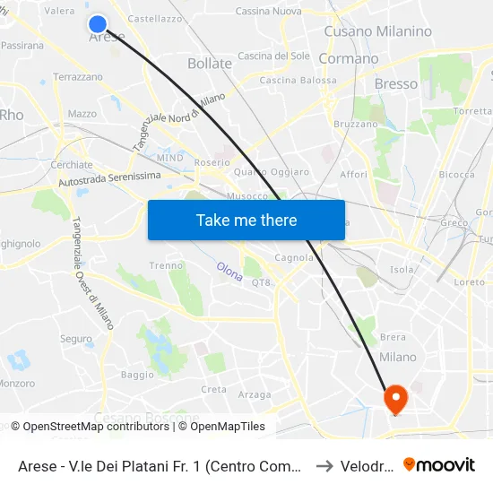 Arese - Plane Trees Avenue Stop 1 (Giada Shopping Center - High School) to Velodrome map