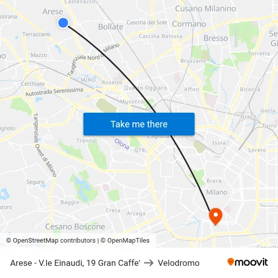 Arese - Einaudi Avenue, 19 Grand Cafe to Velodrome map