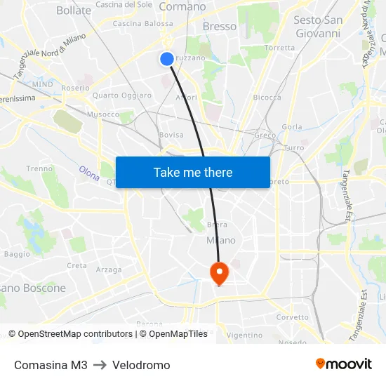 Comasina M3 to Velodrome map