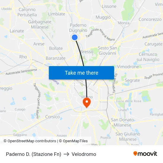 Paderno D. (Railway Station) to Velodrome map