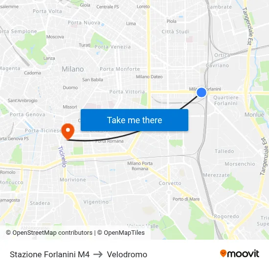 Forlanini Station M4 to Velodrome map