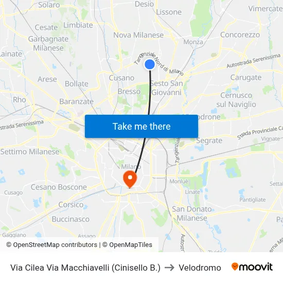 Cilea Street Macchiavelli Street (Cinisello) to Velodrome map