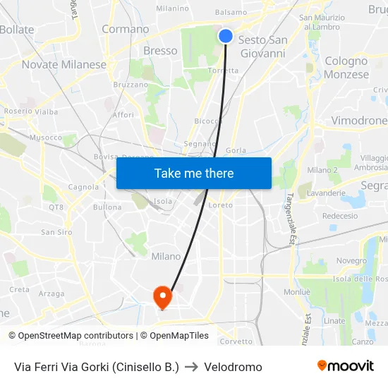 Via Ferri Via Gorki (Cinisello B.) to Velodrome map