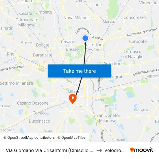 Giordano Street Chrysanthemum Street (Cinisello) to Velodrome map