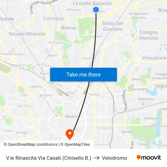 Rinascita Avenue Via Casati (Cinisello B.) to Velodrome map