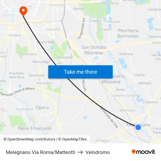 Melegnano Roma/Matteotti Street to Velodrome map