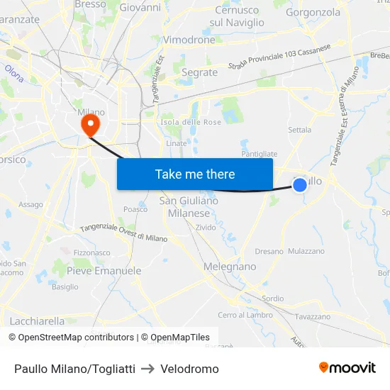 Paullo Milan/Togliatti to Velodrome map