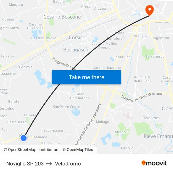 Noviglio SP 203 to Velodrome map
