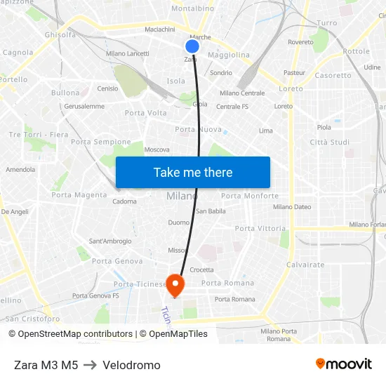 Zara M3 M5 to Velodrome map