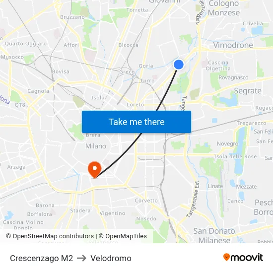 Crescenzago M2 to Velodrome map