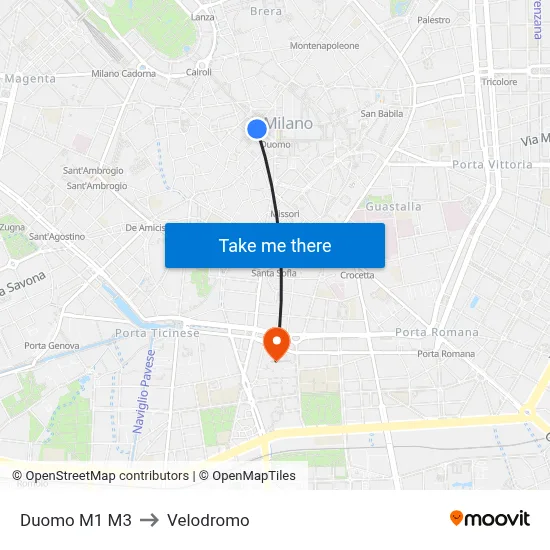 Duomo M1 M3 to Velodrome map