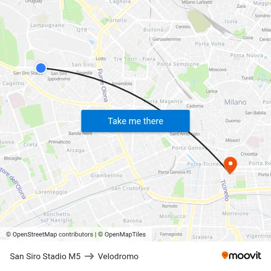 San Siro Stadium M5 to Velodrome map