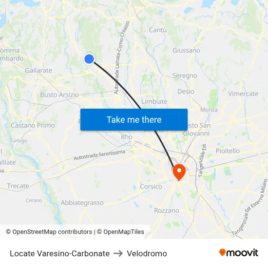 Locate Varesino-Carbonate to Velodrome map