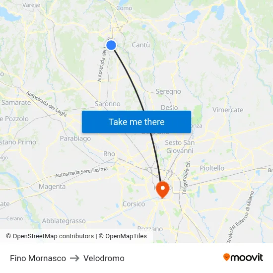 Fino Mornasco to Velodrome map
