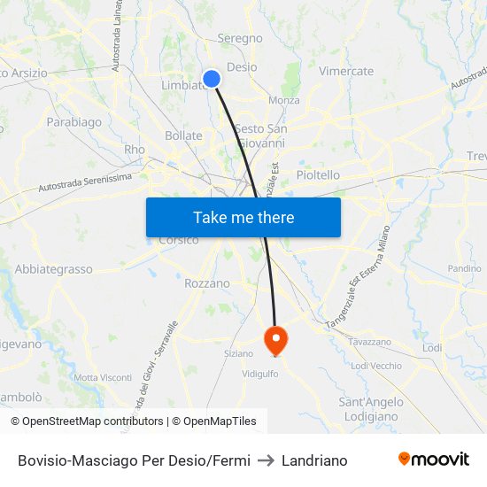 Bovisio-Masciago Per Desio/Fermi to Landriano map