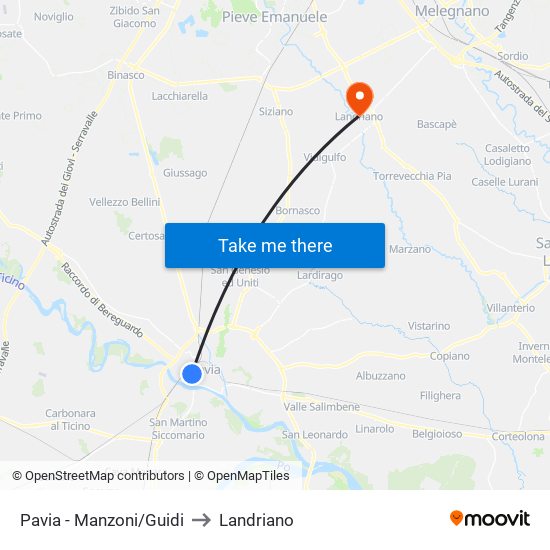 Pavia - Manzoni/Guidi to Landriano map