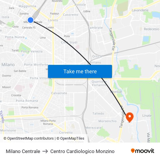 Milano Centrale to Centro Cardiologico Monzino map