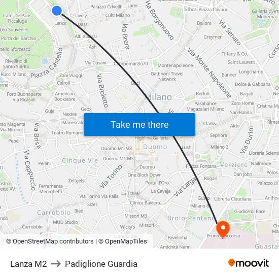 Lanza M2 to Padiglione Guardia map