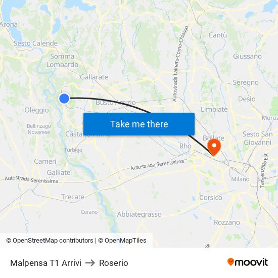 Malpensa T1 Arrivi to Roserio map