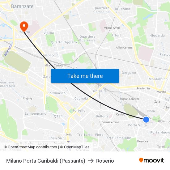 Milano Porta Garibaldi (Passante) to Roserio map