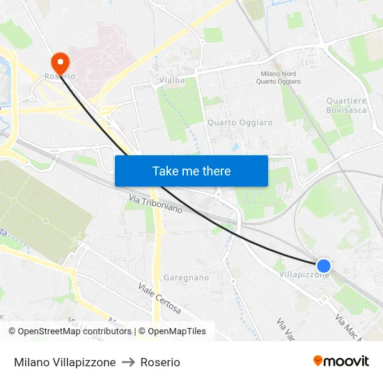 Milano Villapizzone to Roserio map