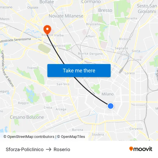 Sforza-Policlinico to Roserio map