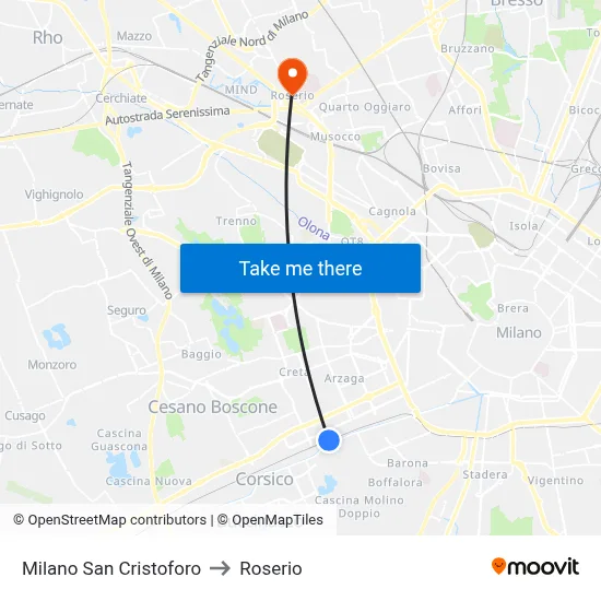Milan San Cristoforo to Roserio map