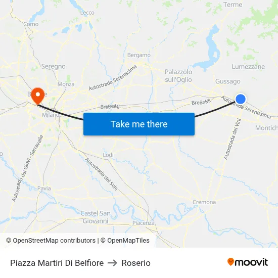 Piazza Martiri Di Belfiore to Roserio map