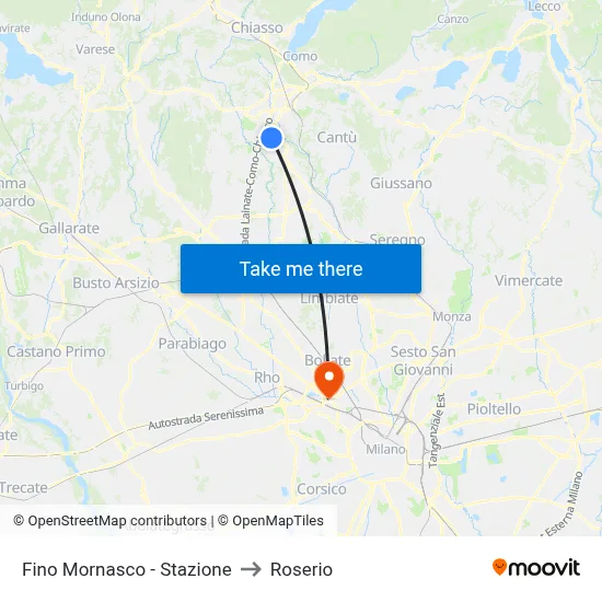 Fino Mornasco - Station to Roserio map