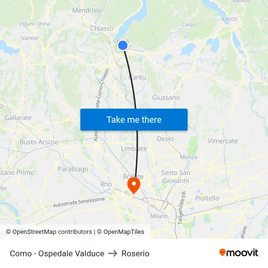 Como - Valduce Hospital to Roserio map