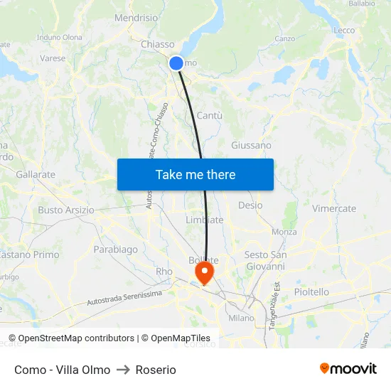 Como - Villa Olmo to Roserio map
