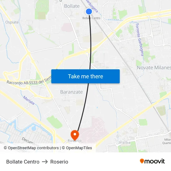 Bollate Centro to Roserio map